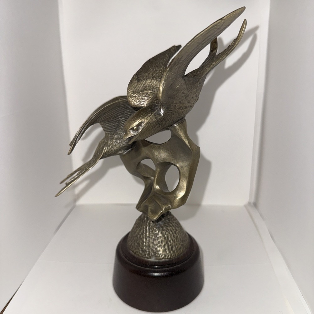 1976 Barn Swallows Irving Burgues Birds Pewter Sculpture Signed Wood Base #1616